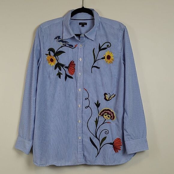 Talbots Tops - Talbot's Pinstripe Embroidered Floral Cotton Button Down Long Sleeve Blouse NWOT